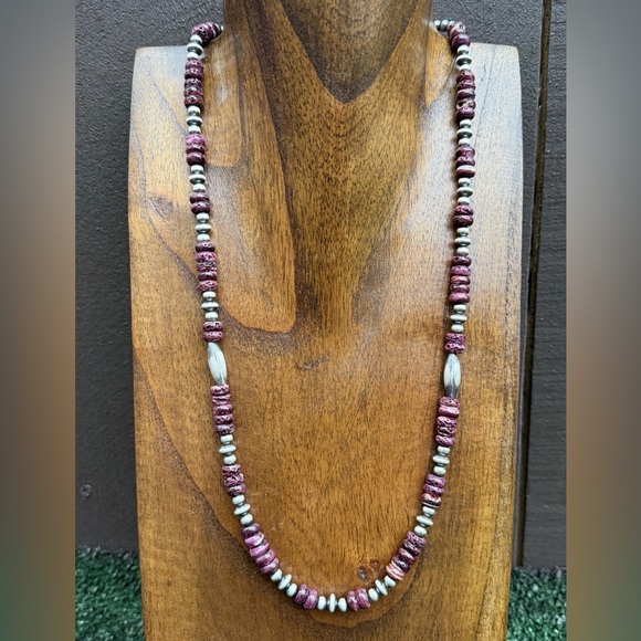 Sterling Silver Purple Spiny Oyster W Multi Bead Pearls Necklace. 24 inch. Gift